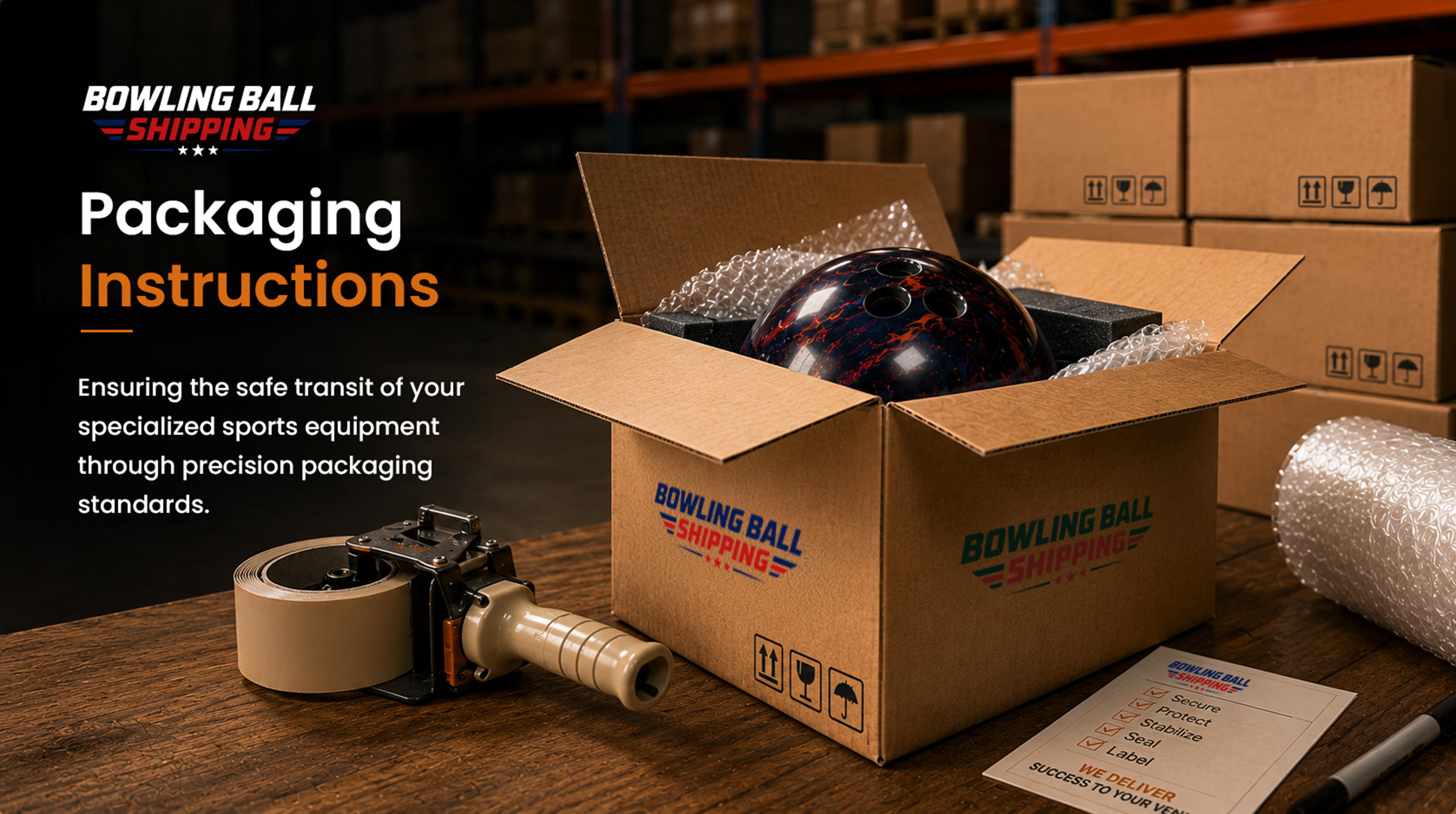 Professional studio photography of several stacked ShipDeez branded cardboard bowling ball boxes in a clean warehouse setting.