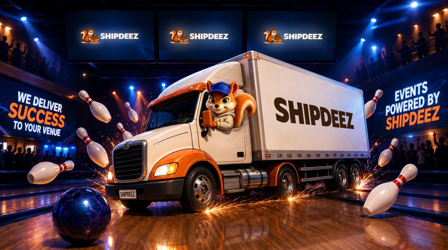 ShipDeez delivery truck rolling down a bowling lane through scattered pins — events powered by ShipDeez